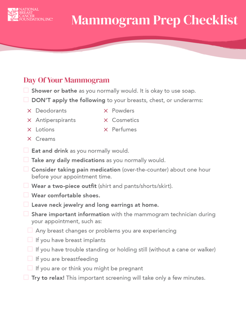 How to prepare for a mammogram checklist 